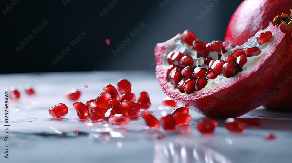 Poster a close up of a red pomegranate with a few seeds missing