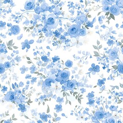 Seamless pattern of delicate watercolor roses in shades of blue and chartreuse