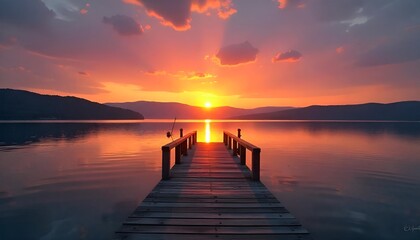 Obraz premium Sunset Over the lake and wooden old pier,