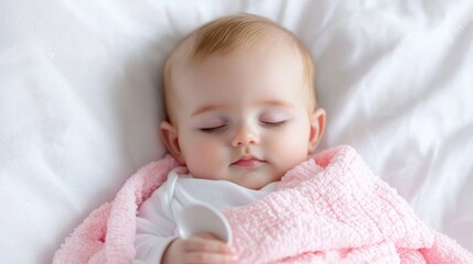 Baby sleeping peacefully in a pink blanket on a white bed. Possible use Stock photo for infant products, baby care, or a peaceful scene