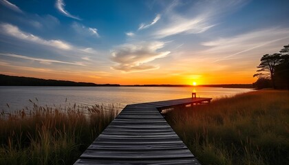 Fototapeta premium Sunset Over the lake and wooden old pier,