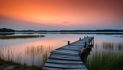Fototapeta premium Sunset Over the lake and wooden old pier,