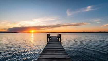 Sunset Over the lake and wooden old pier,