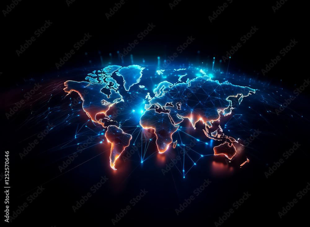 Poster digital world map illuminated in blue and orange hues, showcasing global connections with glowing li