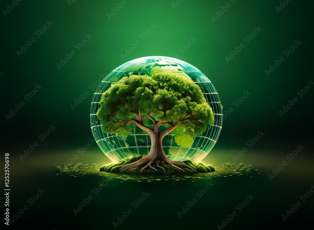 Poster a lush green tree is encapsulated within a translucent globe, representing environmental conservatio