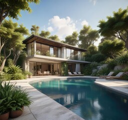 Fototapeta premium House with a pool and a spacious patio featuring a stunning garden view, spacious patio, serene atmosphere