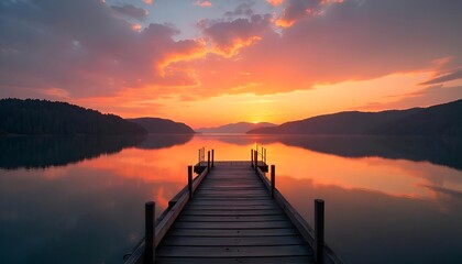 Naklejka premium Sunset Over the lake and wooden old pier,