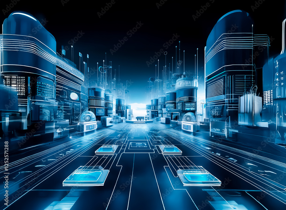 Poster futuristic cityscape with glowing blue neon lights and circuit board patterns. a technological metro