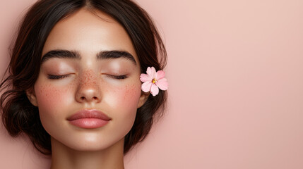Naklejka premium serene woman with closed eyes and flower in her hair, against soft pink background