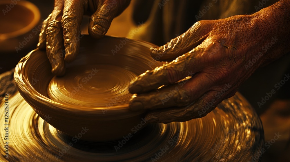 Poster a close-up of hands shaping a clay bowl on a spinning wheel, capturing the art and precision of pott