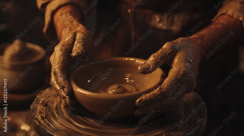 Poster a close-up of hands shaping a clay bowl on a spinning wheel, capturing the art and precision of pott