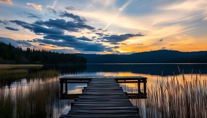 Fototapeta premium Sunset Over the lake and wooden old pier,