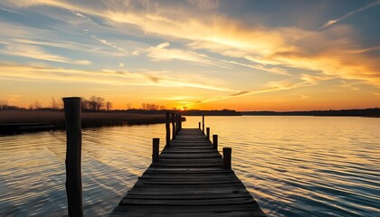 Obraz premium Sunset Over the lake and wooden old pier,