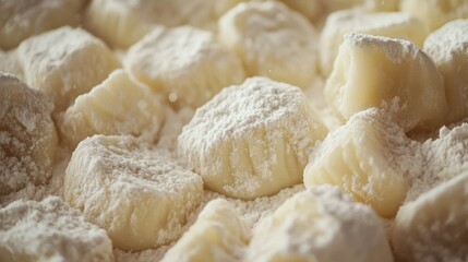 A close-up of homemade gnocchi, perfectly dusted with flour, ready for cooking, showcasing the delicious texture and craftsmanship of Italian cuisine