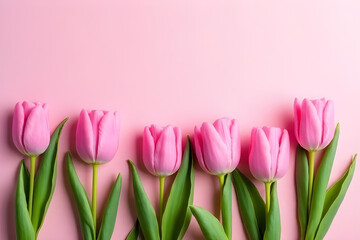 Obraz premium Beautiful composition spring flowers. Bouquet of pink tulips flowers on pastel pink background. Valentine's Day, Easter, Birthday, Happy Women's Day, Mother's Day. Flat lay, top view, copy space