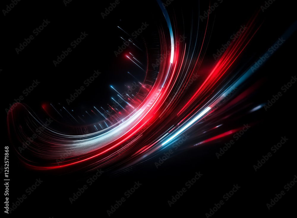 Poster abstract streaks of red and blue light flow dynamically across a dark backdrop, creating a sense of 
