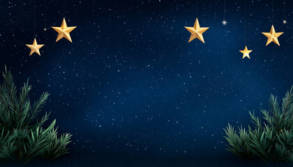 Fototapeta premium Starry night sky with hanging stars and green foliage