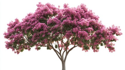 Pink flowering tree, isolated, spring bloom, white background, garden design