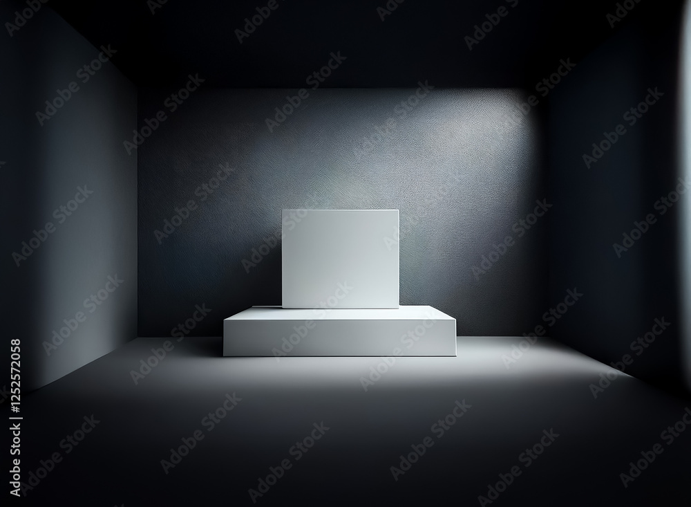 Poster minimalist composition of a white cube on a platform in a dark room. a focused light source emphasiz