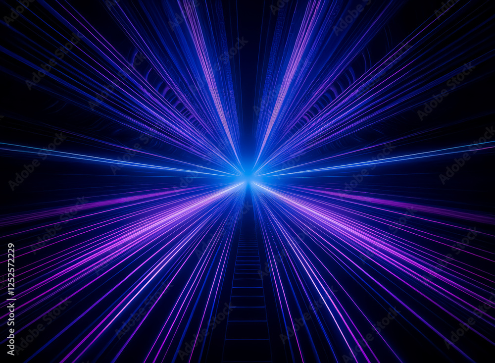 Poster abstract image of vibrant blue and purple light rays emanate from a central point on a dark backgrou