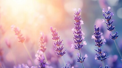 Naklejka premium Lavender essential oil with a soft lavender flower background.