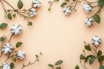 Cozy, minimalist flat lay of dried cotton flower branches and green leaves, arranged on a light peach table with generous copy space.