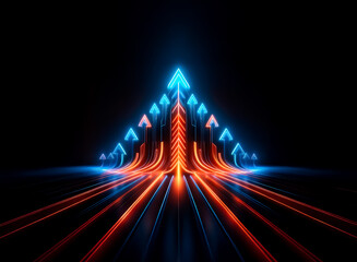 Arrows of blue and orange neon light converge upwards on a black backdrop, creating an abstract image of direction and advancement.