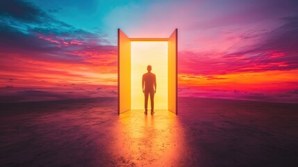 A Man at the Threshold of a Glowing Doorway during a Vibrant Sunset