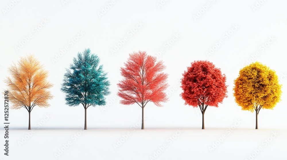 Poster a collection of 3d animated trees with bright, lively colors, isolated on a crisp white background, 