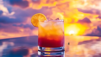 A Tequila Sunrise cocktail with a dramatic sunset sky in the background, mirroring the drink's colors