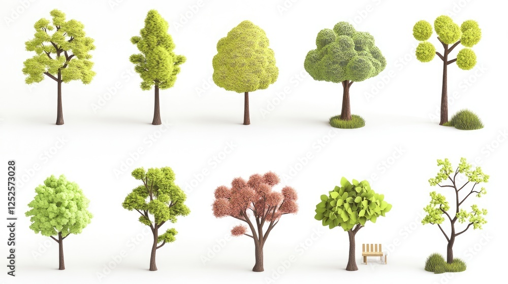 Poster a collection of 3d cute tree models, each with unique designs, isolated on a clean white background,