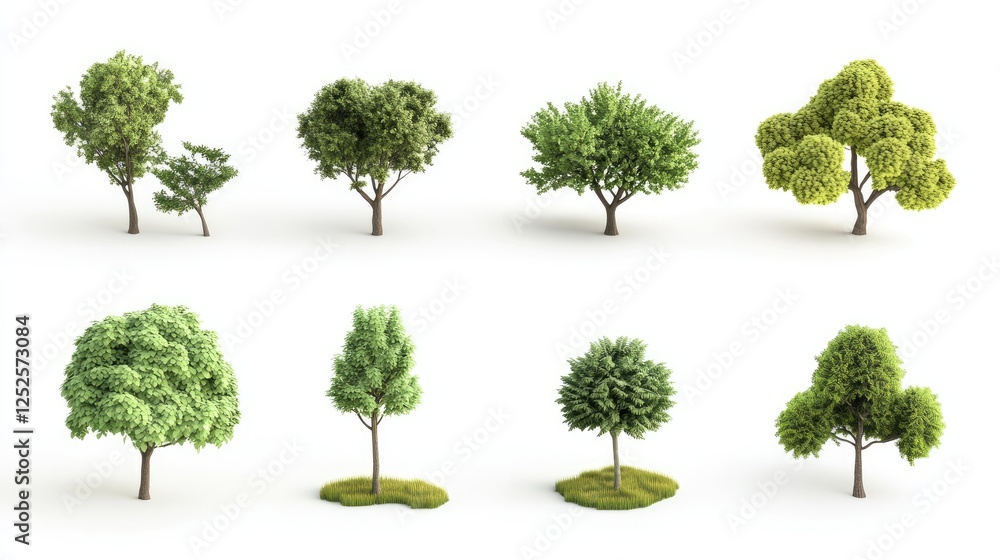 Poster a collection of 3d cute tree models, each with unique designs, isolated on a clean white background,