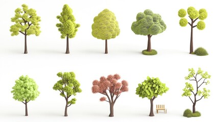 Fototapeta premium A collection of 3D cute tree models, each with unique designs, isolated on a clean white background, perfect for modern design concepts