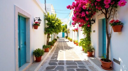 Naklejka premium Sun-drenched alleyway with vibrant blossoms adorning whitewashed houses, terracotta pots overflowing with lush greenery, and teal doors adding a splash of color.
