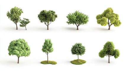 Fototapeta premium A collection of 3D cute tree models, each with unique designs, isolated on a clean white background, perfect for modern design concepts