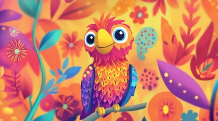 Naklejka premium A colorful cartoon bird with a cheeky smile, set in a lively children's background full of vibrant colors and fun patterns