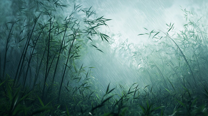 Bamboo groves at dawn with mist swirling through the green, evoking serenity and peaceful landscapes.