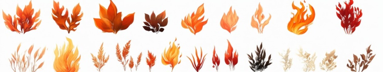 Autumn leaves, fire flames, nature designs, white background, graphic design elements
