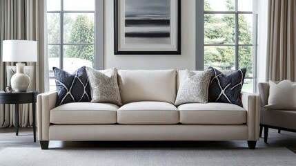 Fototapeta premium A contemporary living room featuring a modern sofa, complementing the elegant design with neutral tones and stylish furniture, creating a chic atmosphere