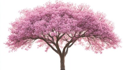 Pink cherry blossom tree, spring bloom, isolated, white background, nature design
