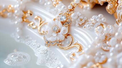 Elegant pearl jewelry in ornate dish, soapy water background, close-up shot, ideal for luxury ads