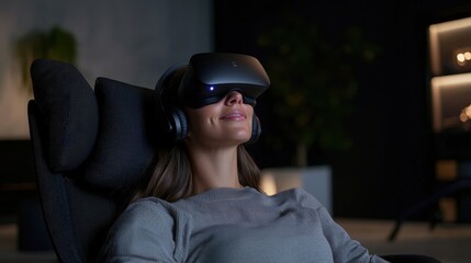 A woman is wearing a virtual reality headset and smiling