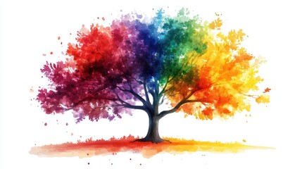 Rainbow tree, vibrant colors, nature, white background, artwork