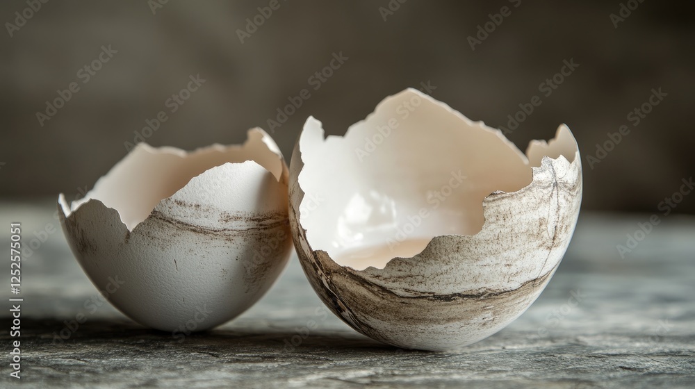 Poster a cracked eggshell with its interior exposed, showing a creamy white texture, creating a delicate an