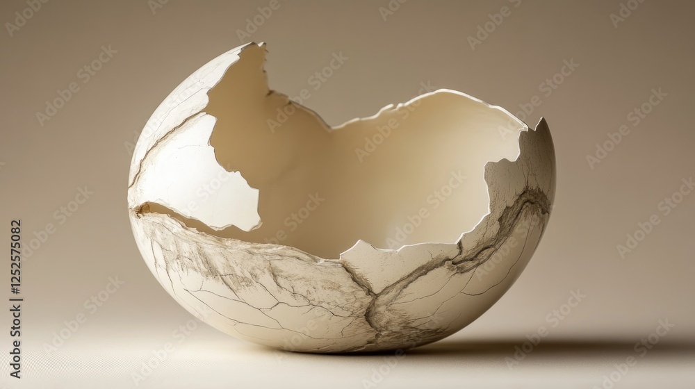 Poster a cracked eggshell with its interior exposed, showing a creamy white texture, creating a delicate an