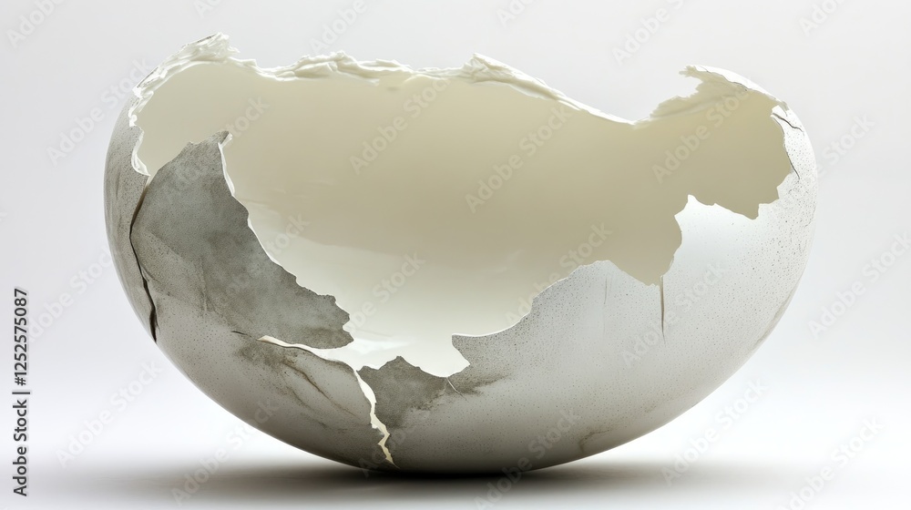 Poster a cracked eggshell with its interior exposed, showing a creamy white texture, creating a delicate an