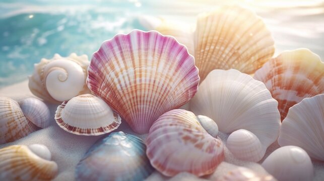 Colorful seashells on sandy beach, ocean waves in background