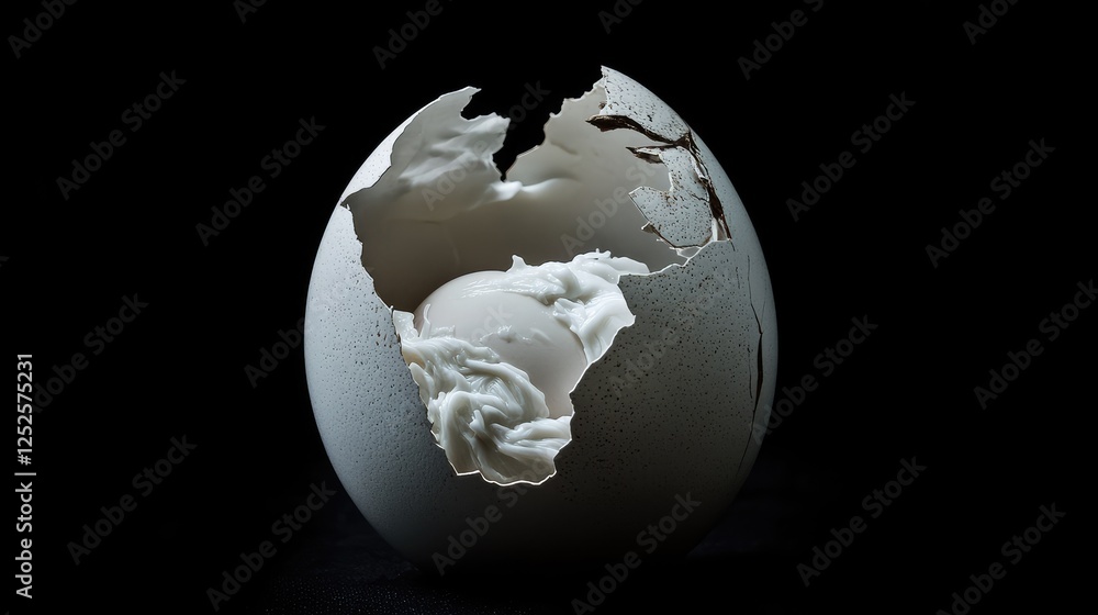 Poster a cracked eggshell with its interior exposed, showing a creamy white texture, creating a delicate an