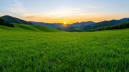 Obraz premium Rolling hills with green fields. serene landscape of rolling hills covered in lush green grass at sunset