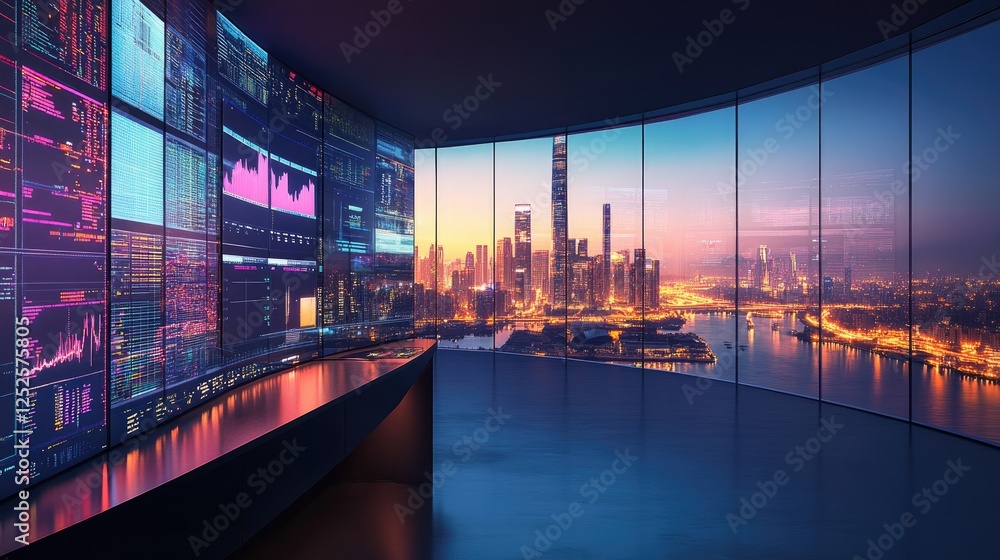 Poster A cutting-edge control room with large screens displaying data, offering a panoramic view of a vibrant city skyline at night, blending technology and urban beauty